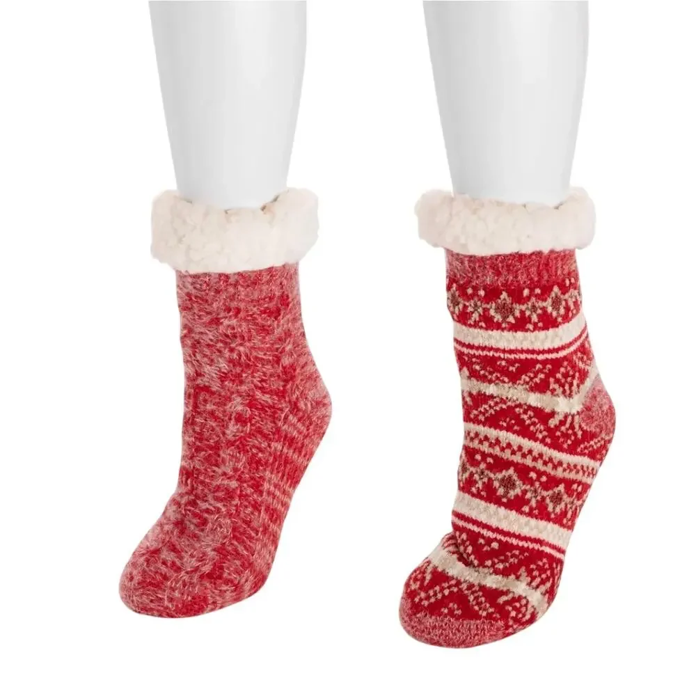 NWT Muk Lucks Women's 2 Pair Pack Chenille Cabin Socks (Red/White)- S/M